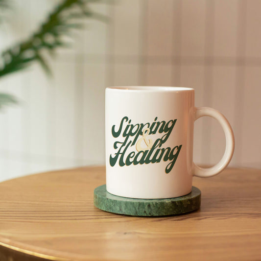 Sipping and Healing Ceramic Mug | Vintage Text