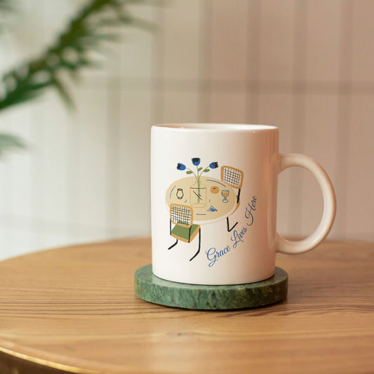 Grace Lives Here Ceramic Mug | Minimalist Vintage Kitchen Table Design