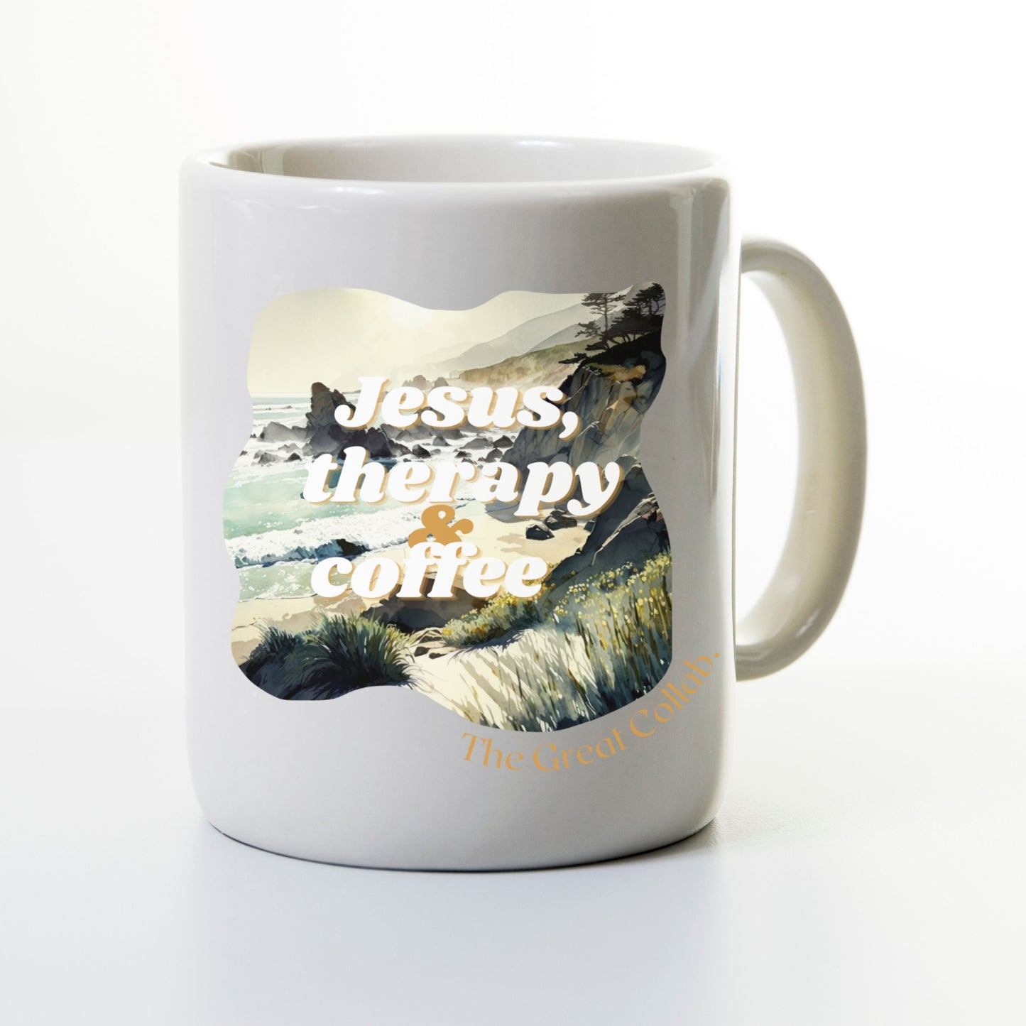 Jesus, Therapy & Coffee Ceramic Mug | Beach Aesthetic | Faith-based