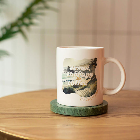 Jesus, Therapy & Coffee Ceramic Mug | Beach Aesthetic | Faith-based