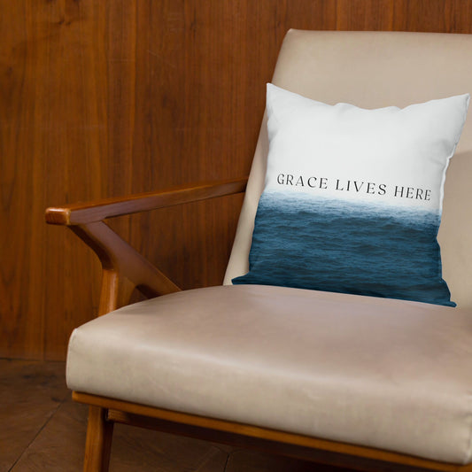 Grace Lives Here Ocean Throw Pillow | Coastal Home Decor