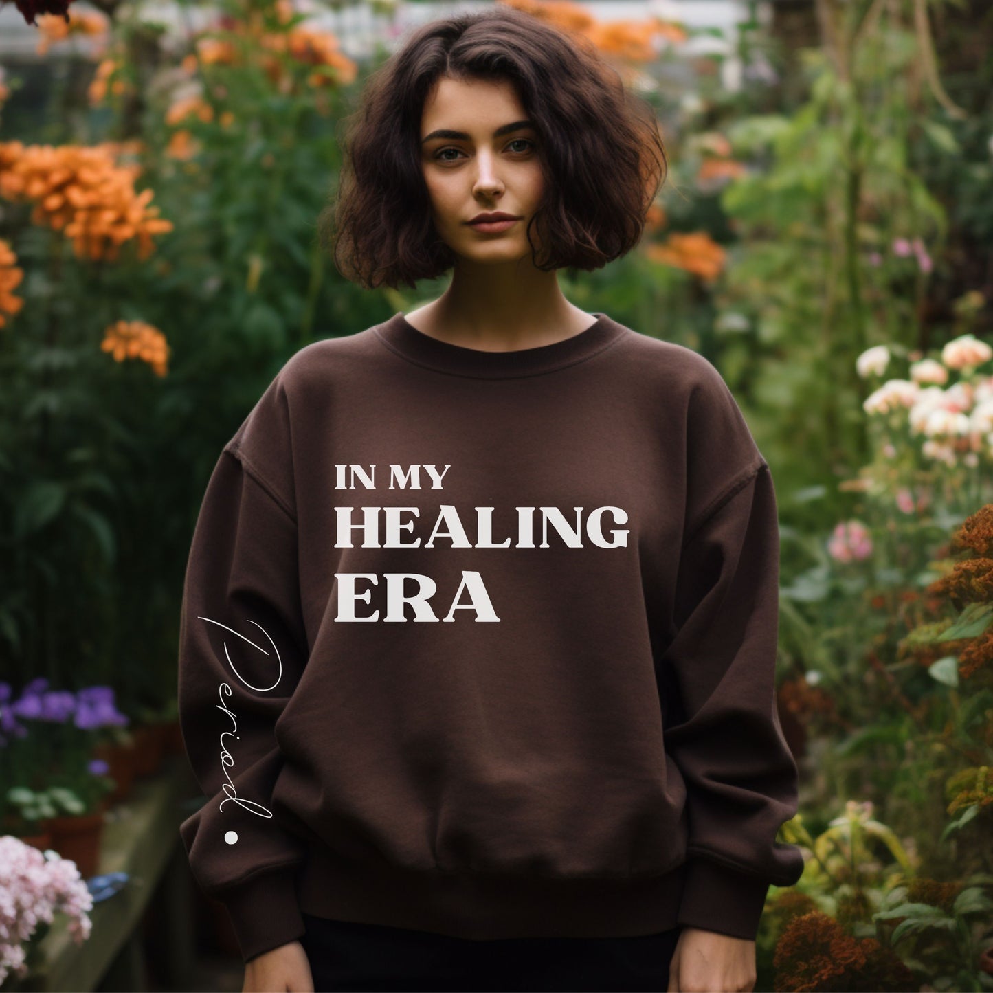 In My Healing Era Crewneck | 'Period' Sleeve Detail | Inspirational Wellness Wear